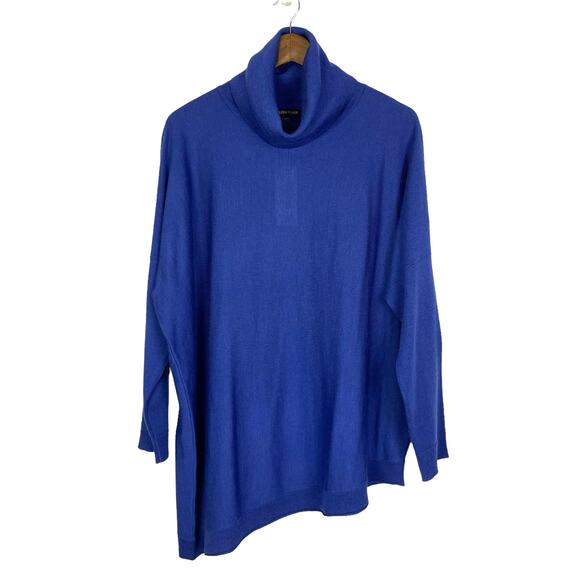 Eileen Fisher | NWT Royal Blue Merino Wool Turtleneck Asymmetrical Hem Sweater - Picture 2 of 11